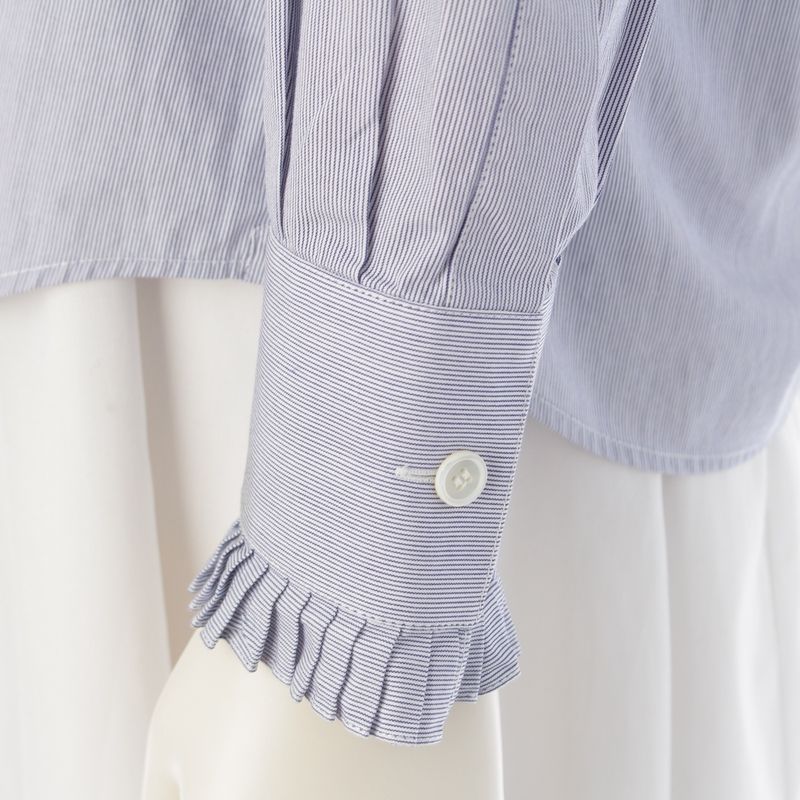 Celine Cotton Ruffle Design Striped Long Sleeve Shirt Top Blue