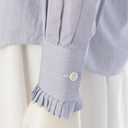 Celine Cotton Ruffle Design Striped Long Sleeve Shirt Top Blue