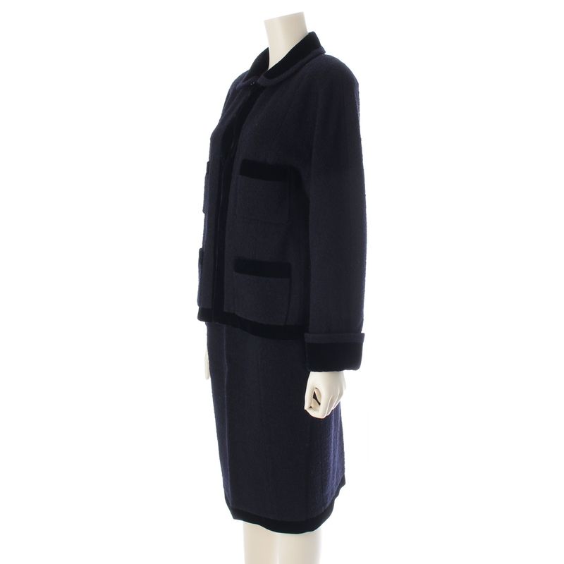Chanel Wool Tweed Velour Jacket Skirt Set Suit Navy 42