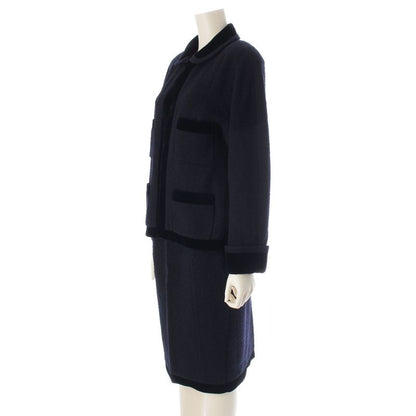 Chanel Wool Tweed Velour Jacket Skirt Set Suit Navy 42
