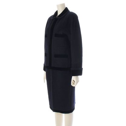Chanel Wool Tweed Velour Jacket Skirt Set Suit Navy 42
