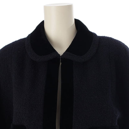 Chanel Wool Tweed Velour Jacket Skirt Set Suit Navy 42