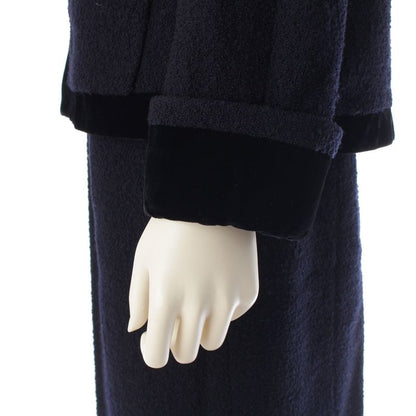 Chanel Wool Tweed Velour Jacket Skirt Set Suit Navy 42