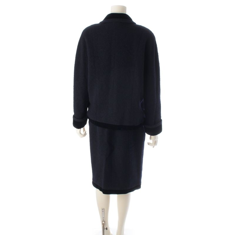 Chanel Wool Tweed Velour Jacket Skirt Set Suit Navy 42