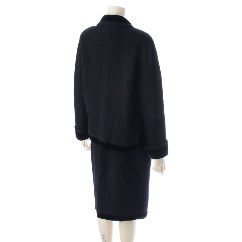 Chanel Wool Tweed Velour Jacket Skirt Set Suit Navy 42