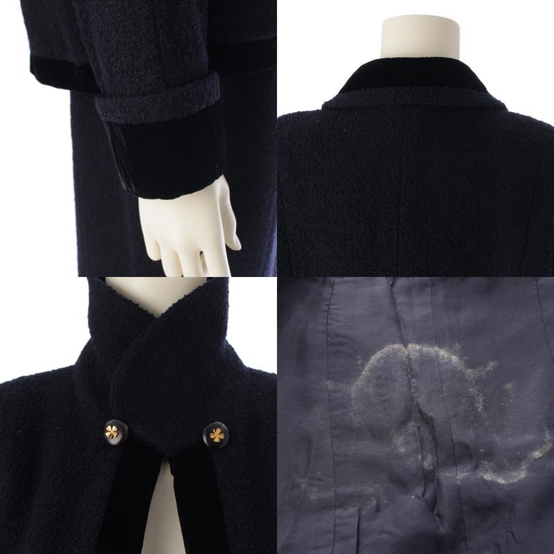 Chanel Wool Tweed Velour Jacket Skirt Set Suit Navy 42
