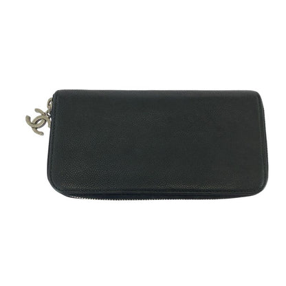 Chanel CC Logo Black Silver Caviar Leather Long Wallet Round Fastener
