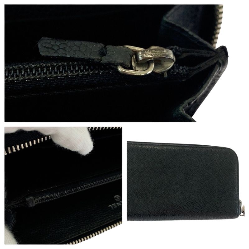 Chanel CC Logo Black Silver Caviar Leather Long Wallet Round Fastener