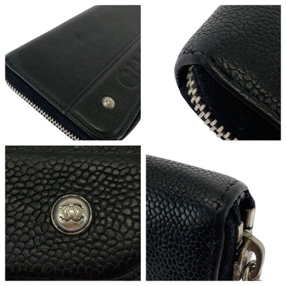Chanel CC Logo Black Silver Caviar Leather Long Wallet Round Fastener