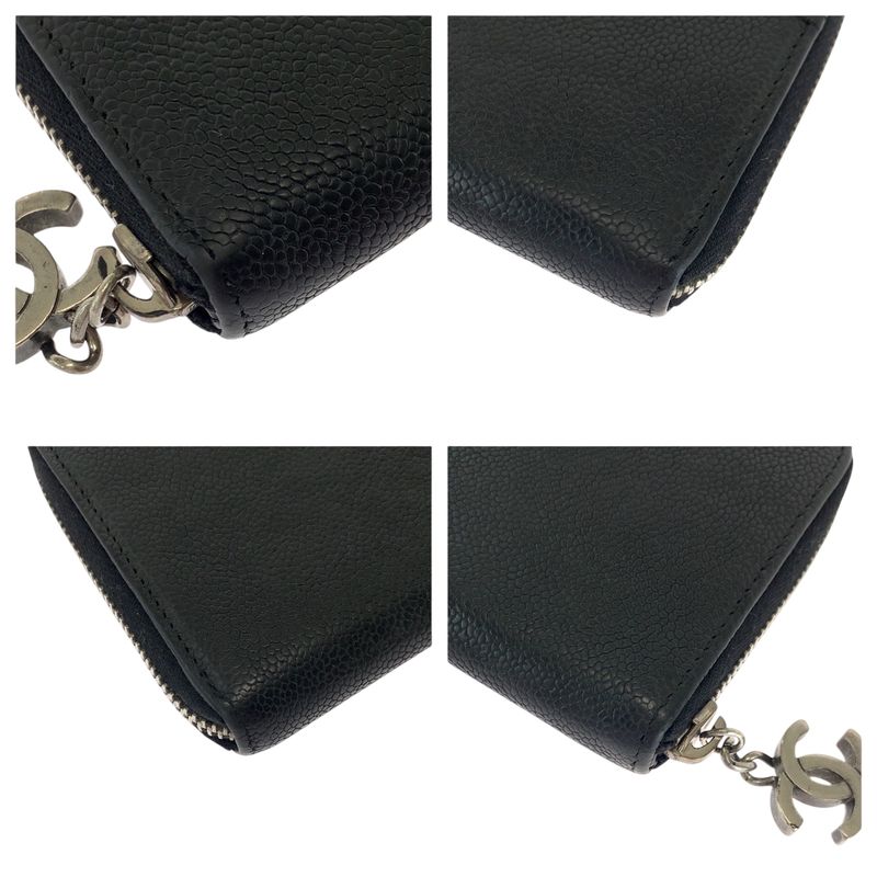 Chanel CC Logo Black Silver Caviar Leather Long Wallet Round Fastener