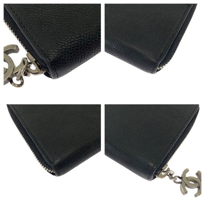 Chanel CC Logo Black Silver Caviar Leather Long Wallet Round Fastener