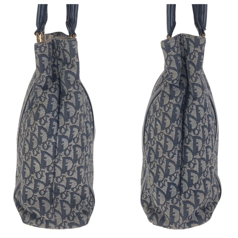 Dior Trotter Navy Gold Canvas Leather Tote Shoulder Bag