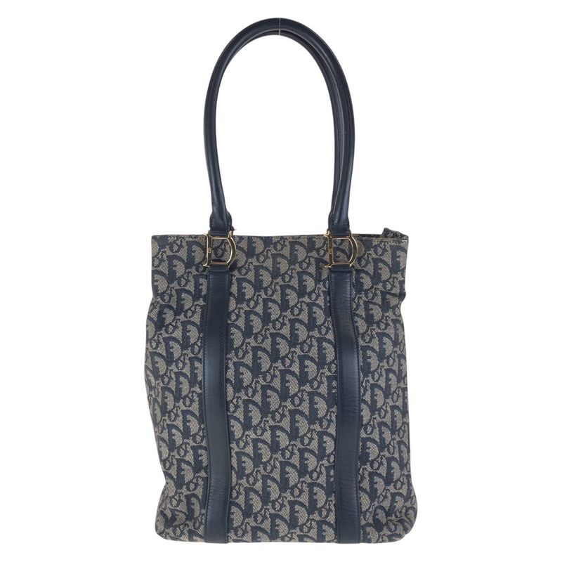Dior Trotter Navy Gold Canvas Leather Tote Shoulder Bag