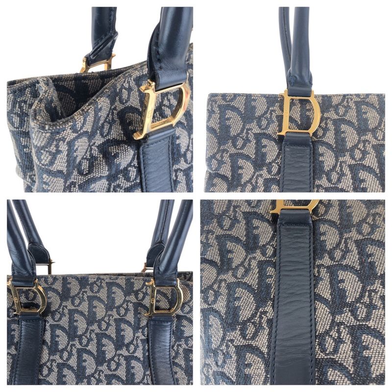 Dior Trotter Navy Gold Canvas Leather Tote Shoulder Bag