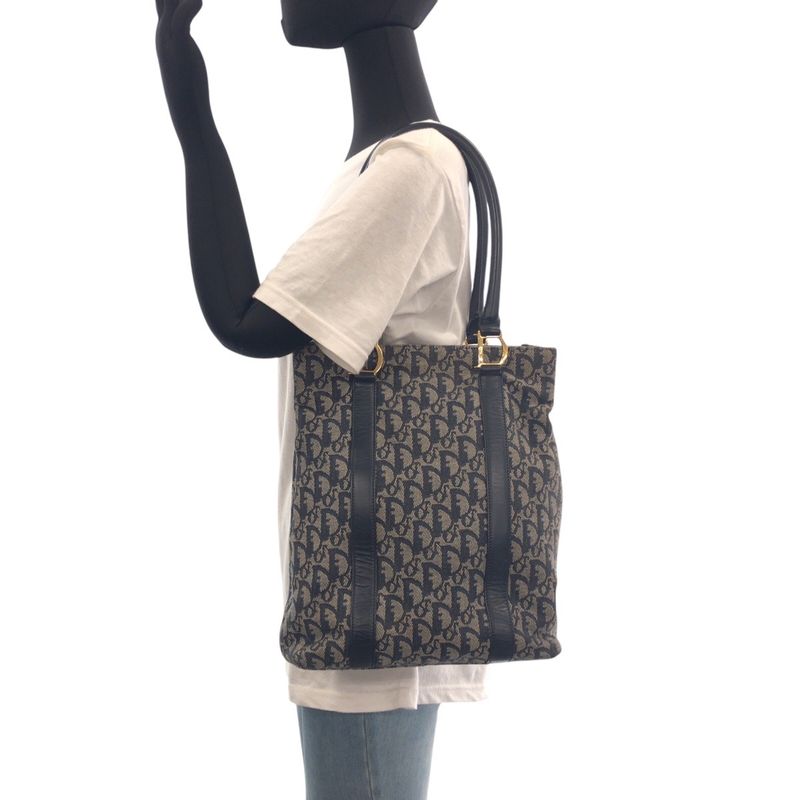 Dior Trotter Navy Gold Canvas Leather Tote Shoulder Bag