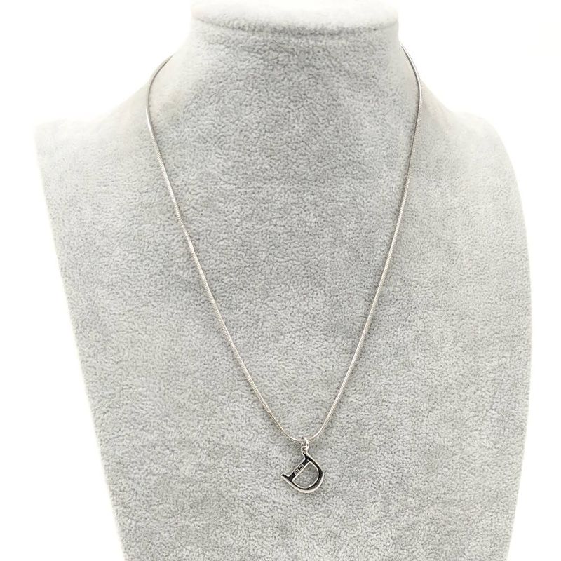 Dior Christian D Logo Necklace Silver Plated