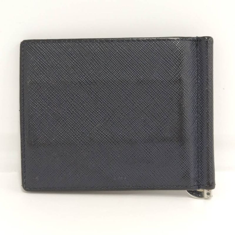 Prada Money Clip Bifold Wallet Leather Navy