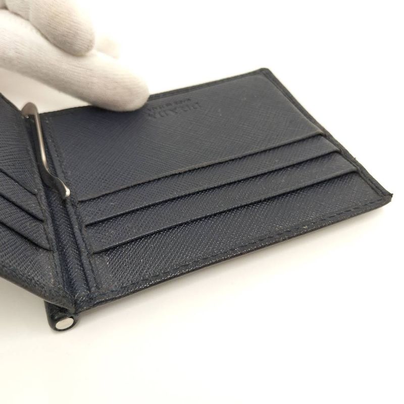 Prada Money Clip Bifold Wallet Leather Navy