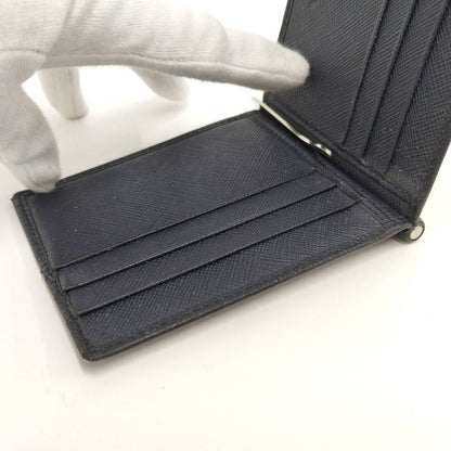 Prada Money Clip Bifold Wallet Leather Navy