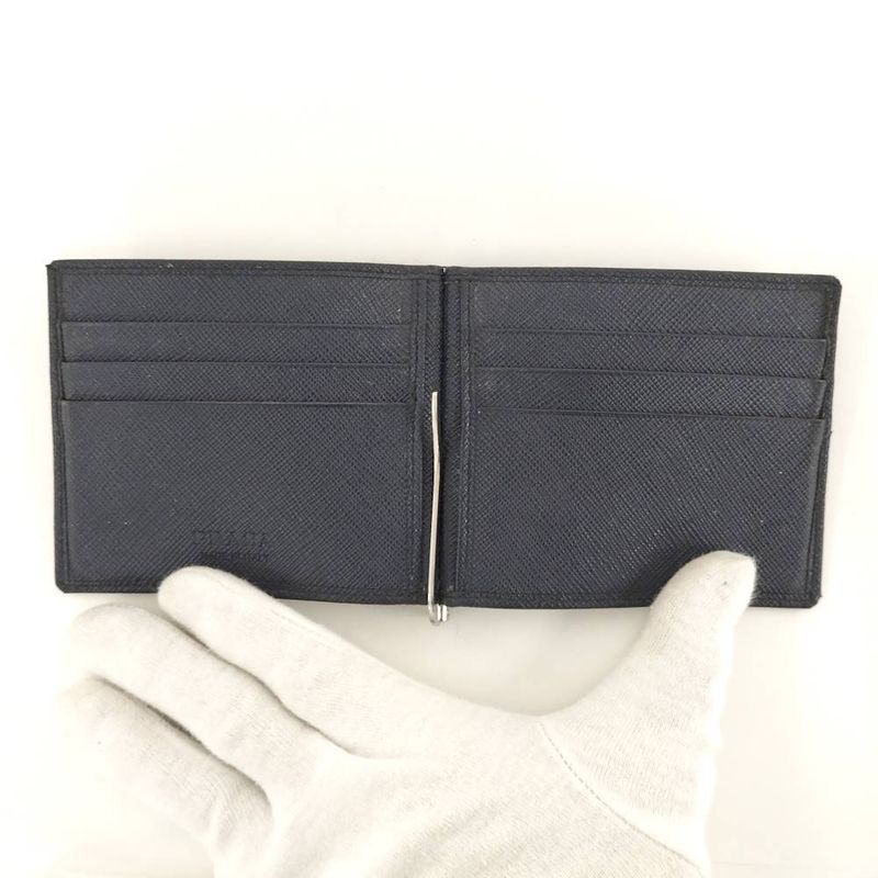 Prada Money Clip Bifold Wallet Leather Navy