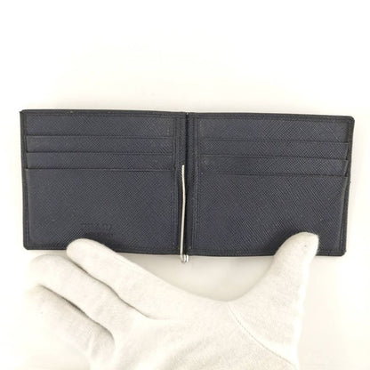 Prada Money Clip Bifold Wallet Leather Navy