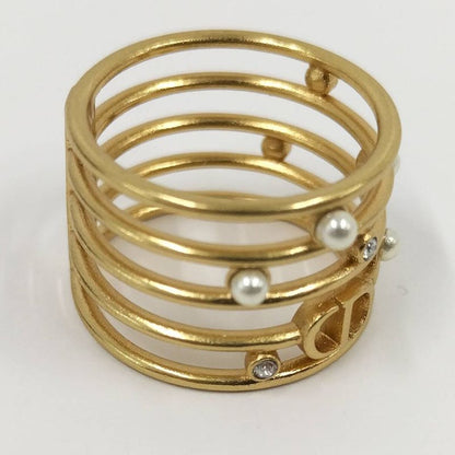 Dior Christian Ring CD Logo Rhinestone Faux Pearl Gold Plated Ring M