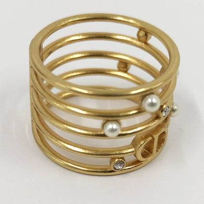Dior Christian Ring CD Logo Rhinestone Faux Pearl Gold Plated M