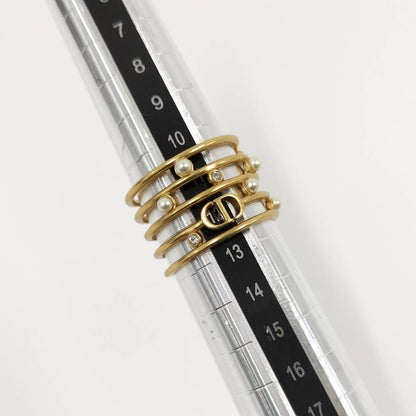 Dior Christian Ring CD Logo Rhinestone Faux Pearl Gold Plated M