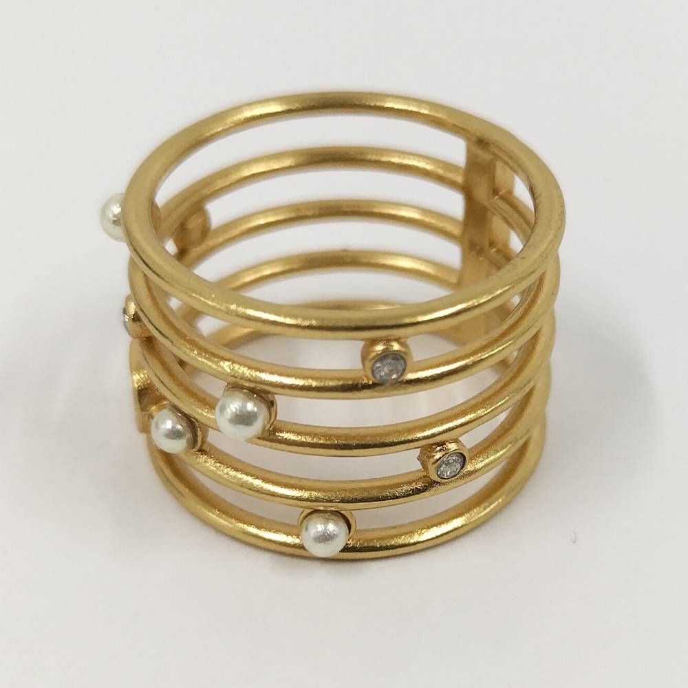 Dior Christian Ring CD Logo Rhinestone Faux Pearl Gold Plated M
