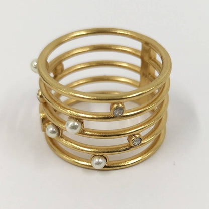 Dior Christian Ring CD Logo Rhinestone Faux Pearl Gold Plated M