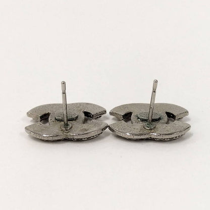 Chanel CC Logo Earrings Rhinestone Plated Silver