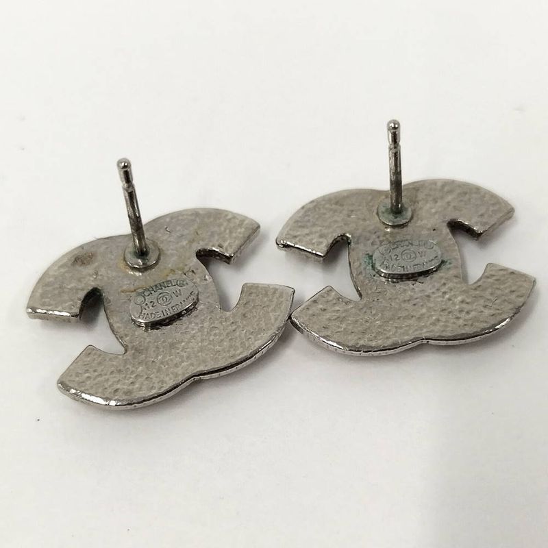 Chanel CC Logo Earrings Rhinestone Plated Silver