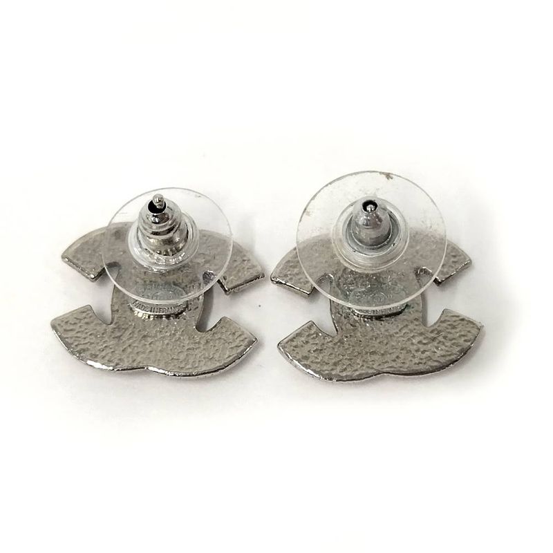 Chanel CC Logo Earrings Rhinestone Plated Silver