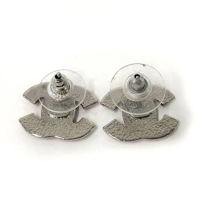 Chanel CC Logo Earrings Rhinestone Plated Silver