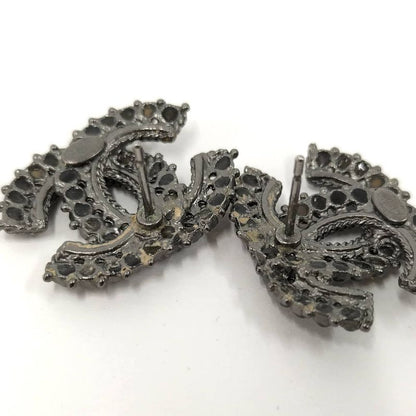 Chanel CC Logo Earrings Rhinestone Silver Plated