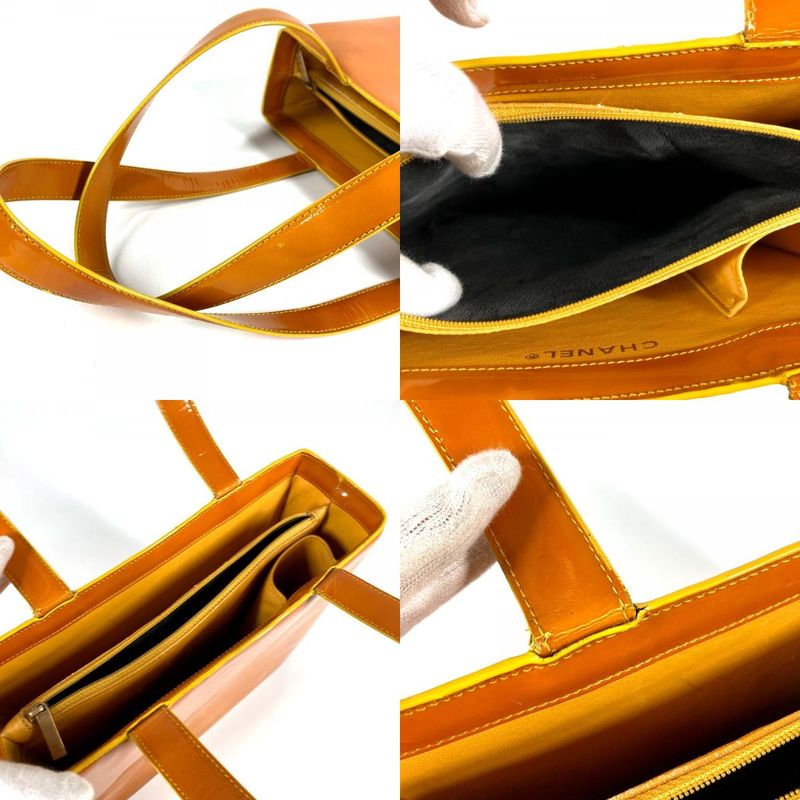 Chanel Shoulder Bag Logo Patent Leather Orange