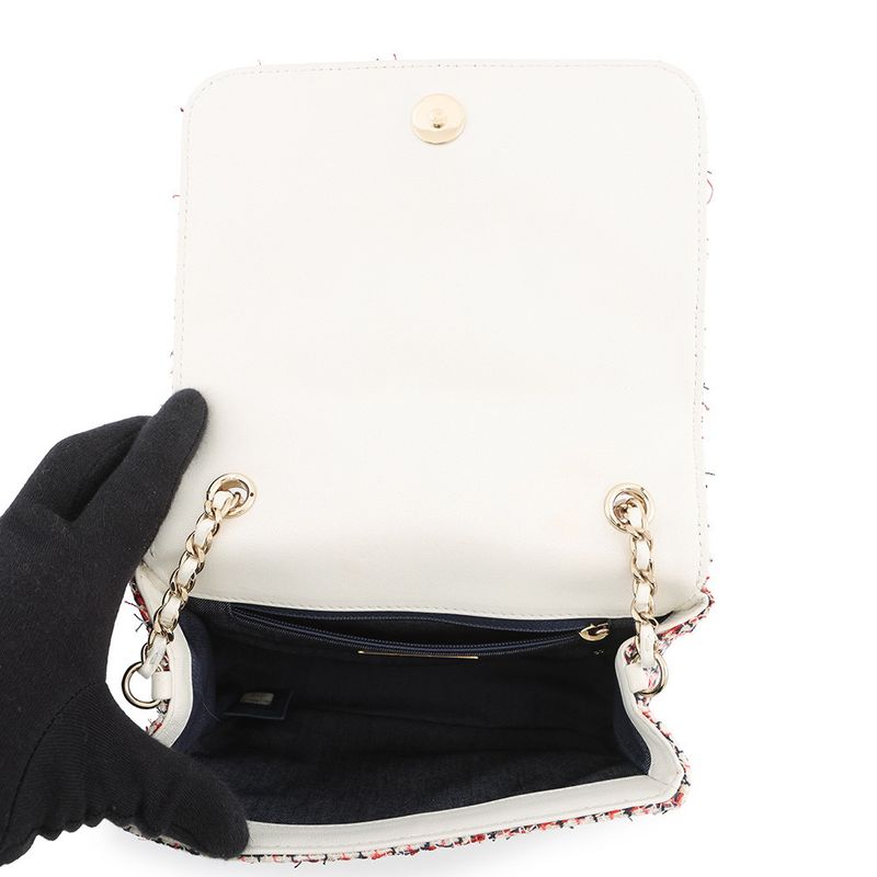 Chanel Chain Shoulder Bag Deca Coco CC Logo Full Flap Tweed Leather White Multicolor