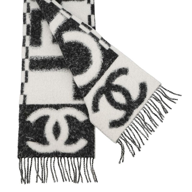 Chanel Scarf CC Logo Cashmere Silk Black White