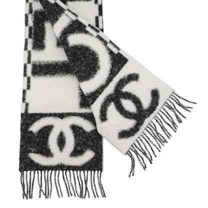 Chanel Scarf CC Logo Cashmere Silk Black White