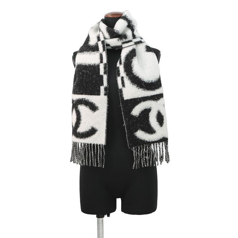 Chanel Scarf CC Logo Cashmere Silk Black White
