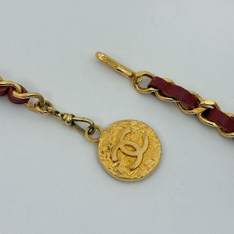Chanel CC Logo Chain Belt Leather Gold Red