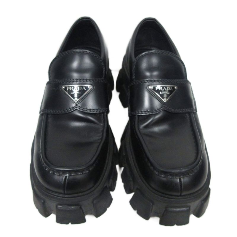 Prada Monolith Brushed Leather Loafers Triangle Plate Logo Thick