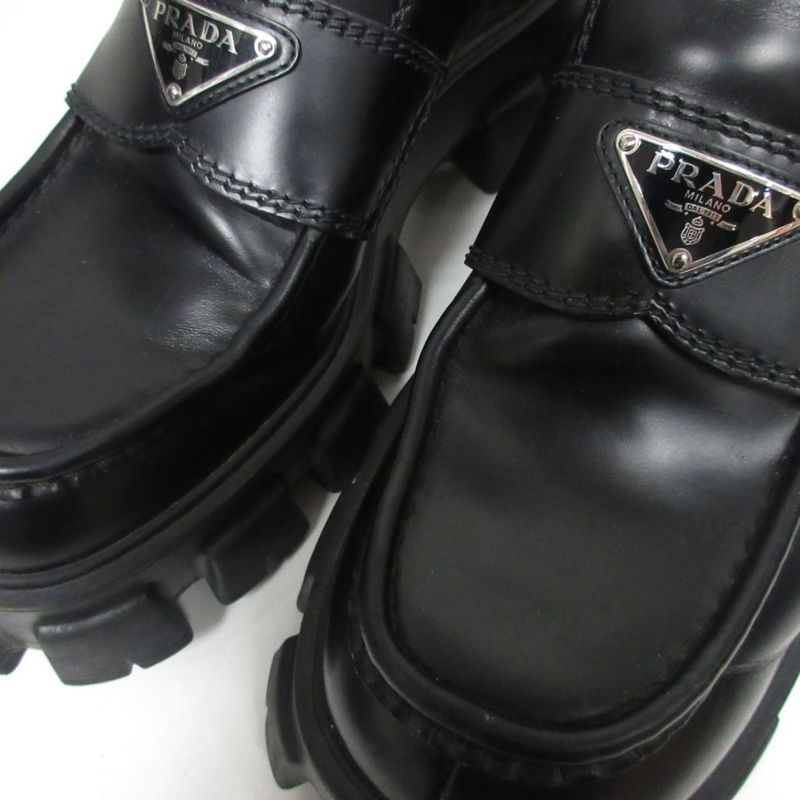Prada Monolith Brushed Leather Loafers Triangle Plate Logo Thick