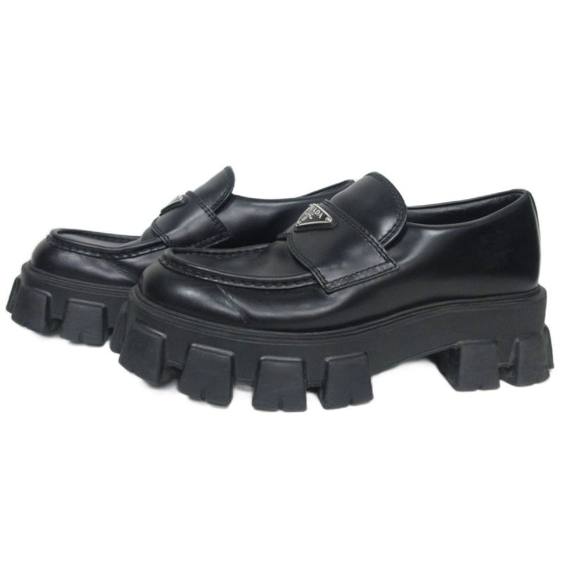 Prada Monolith Brushed Leather Loafers Triangle Plate Logo Thick