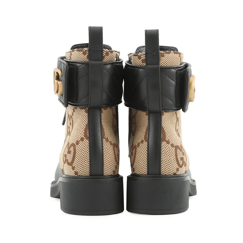 Gucci Boots Jumbo GG Marmont Ankle Canvas Leather 34.5 Beige Black