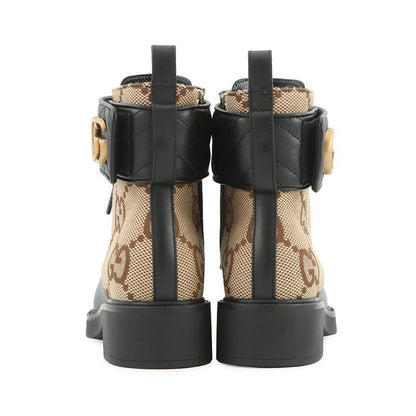 Gucci Boots Jumbo GG Marmont Ankle Canvas Leather 34.5 Beige Black