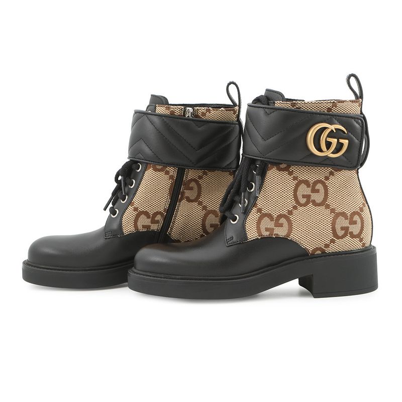 Gucci Boots Jumbo GG Marmont Ankle Canvas Leather 34.5 Beige Black