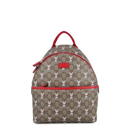 Gucci Backpack Cat Children's GG Supreme Leather Kids Beige Red