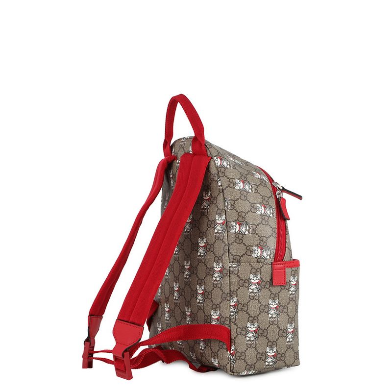 Gucci Backpack Cat Children's GG Supreme Leather Kids Beige Red