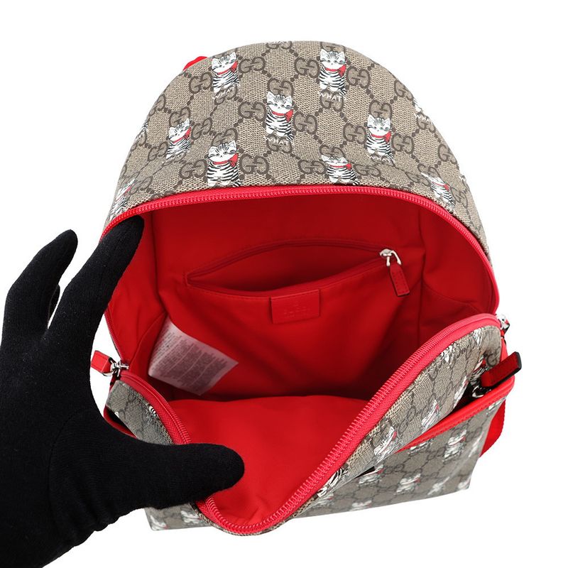 Gucci Backpack Cat Children's GG Supreme Leather Kids Beige Red